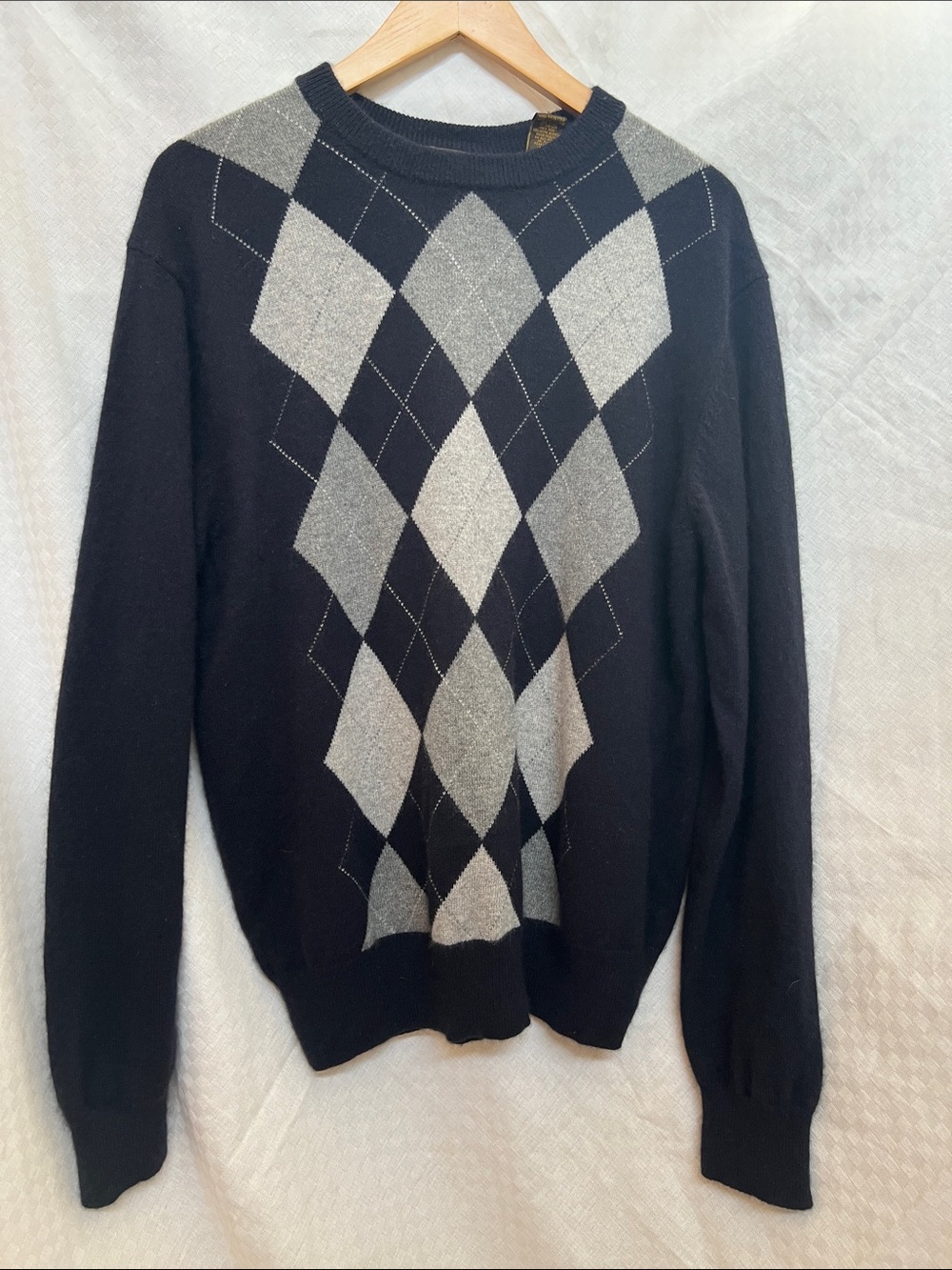 Men's Blue & Gray 100% Cashmere Argyle Crewneck Sweater - Classic Knit Pullover